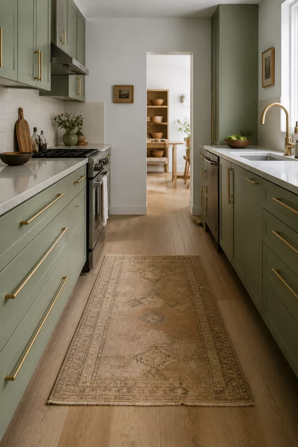 Sage green kitchen cabinets with gold hardware in a narrow galley layout with vintage runner rug and white countertops