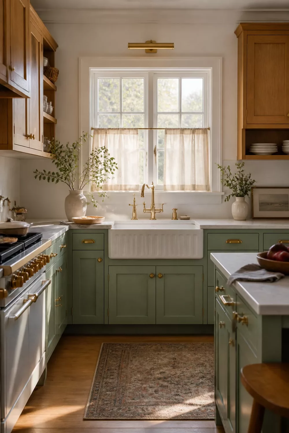 Sage green kitchen cabinets with gold hardware paired with warm wood upper cabinets and a farmhouse sink