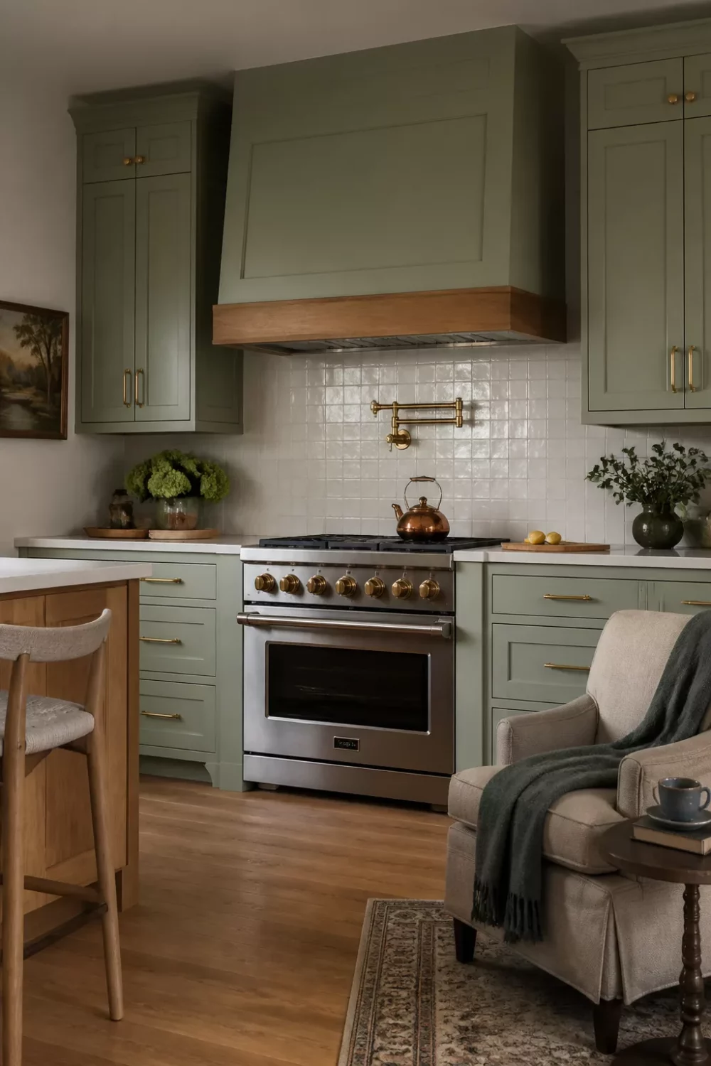 Sage green kitchen cabinets with gold hardware, custom painted range hood, brass pot filler, and stainless range