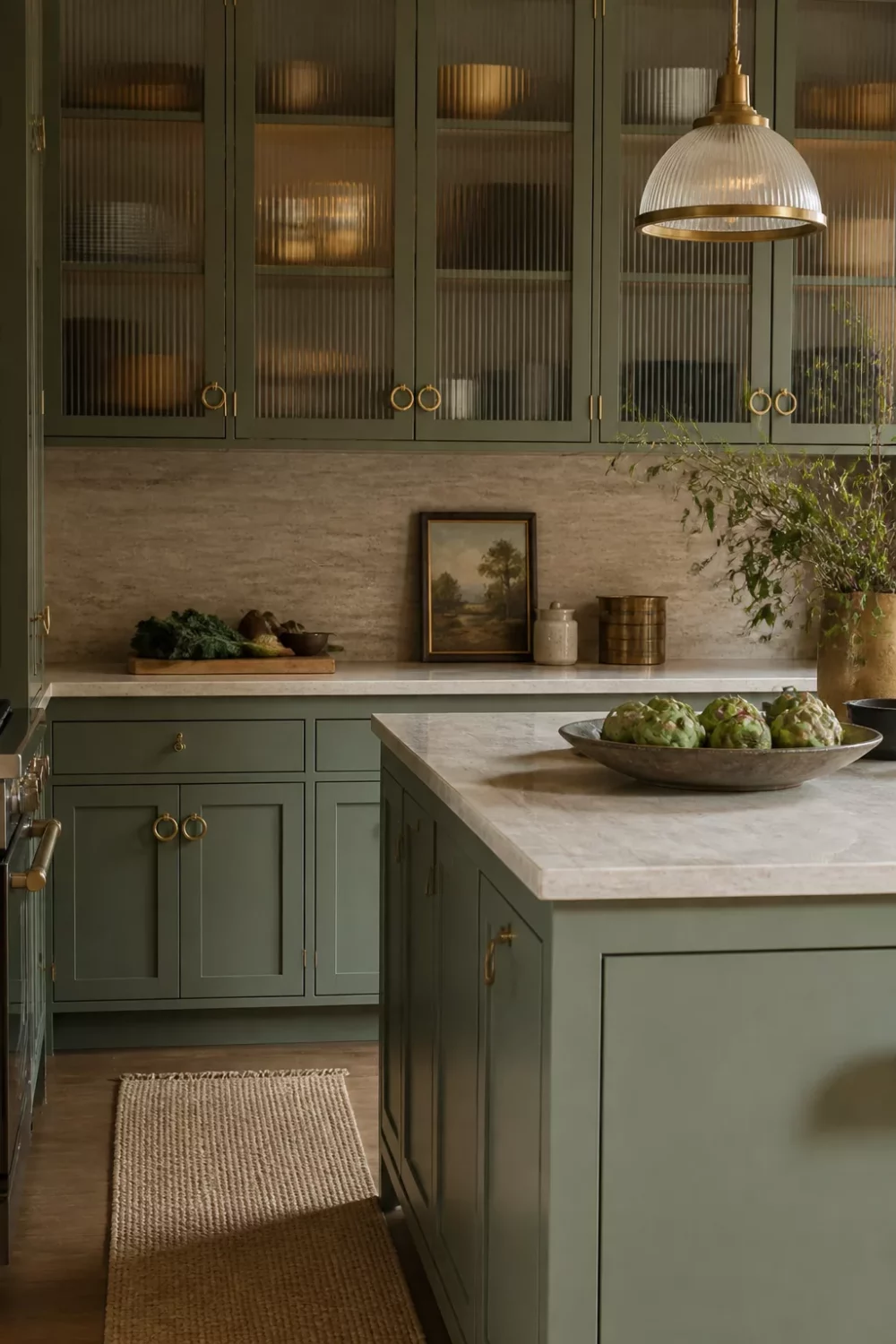 Sage green kitchen cabinets with gold hardware featuring fluted glass uppers, brass ring pulls, and travertine countertops