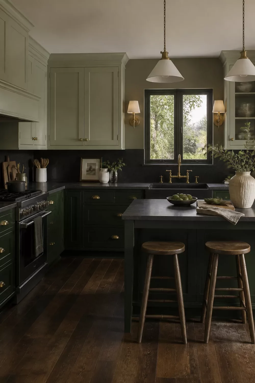 Sage green kitchen cabinets with gold hardware, forest green lowers, brass bridge faucet, dark counters, wood stools