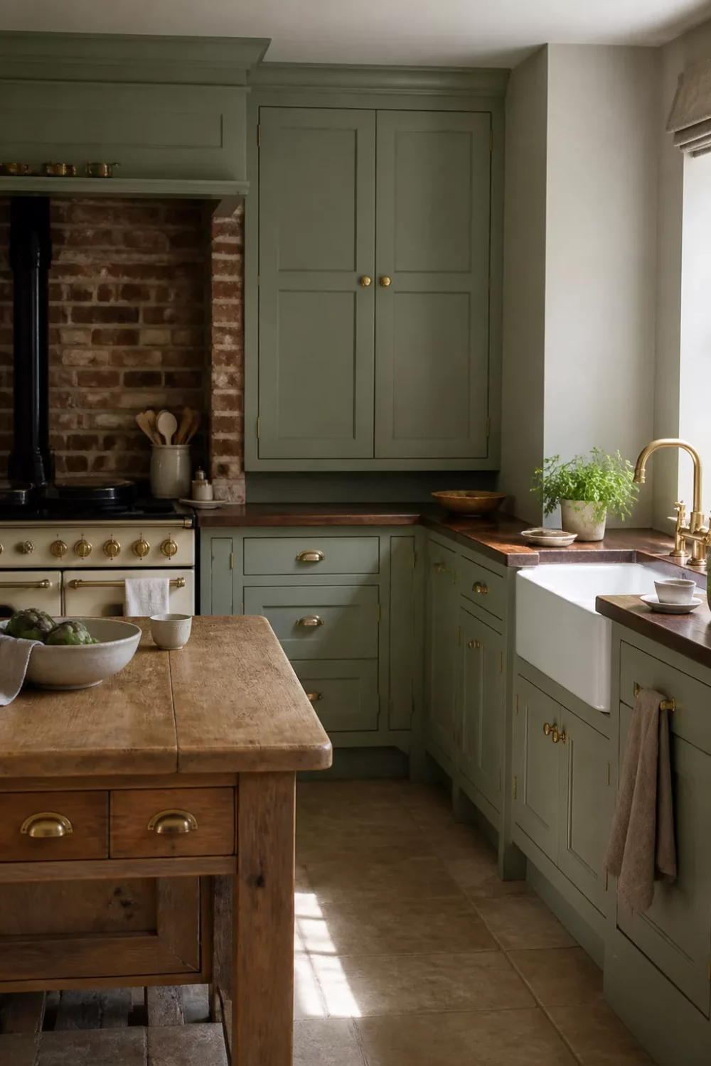 Sage green kitchen cabinets with gold hardware, exposed brick splashback, farmhouse sink, and antique wood island.