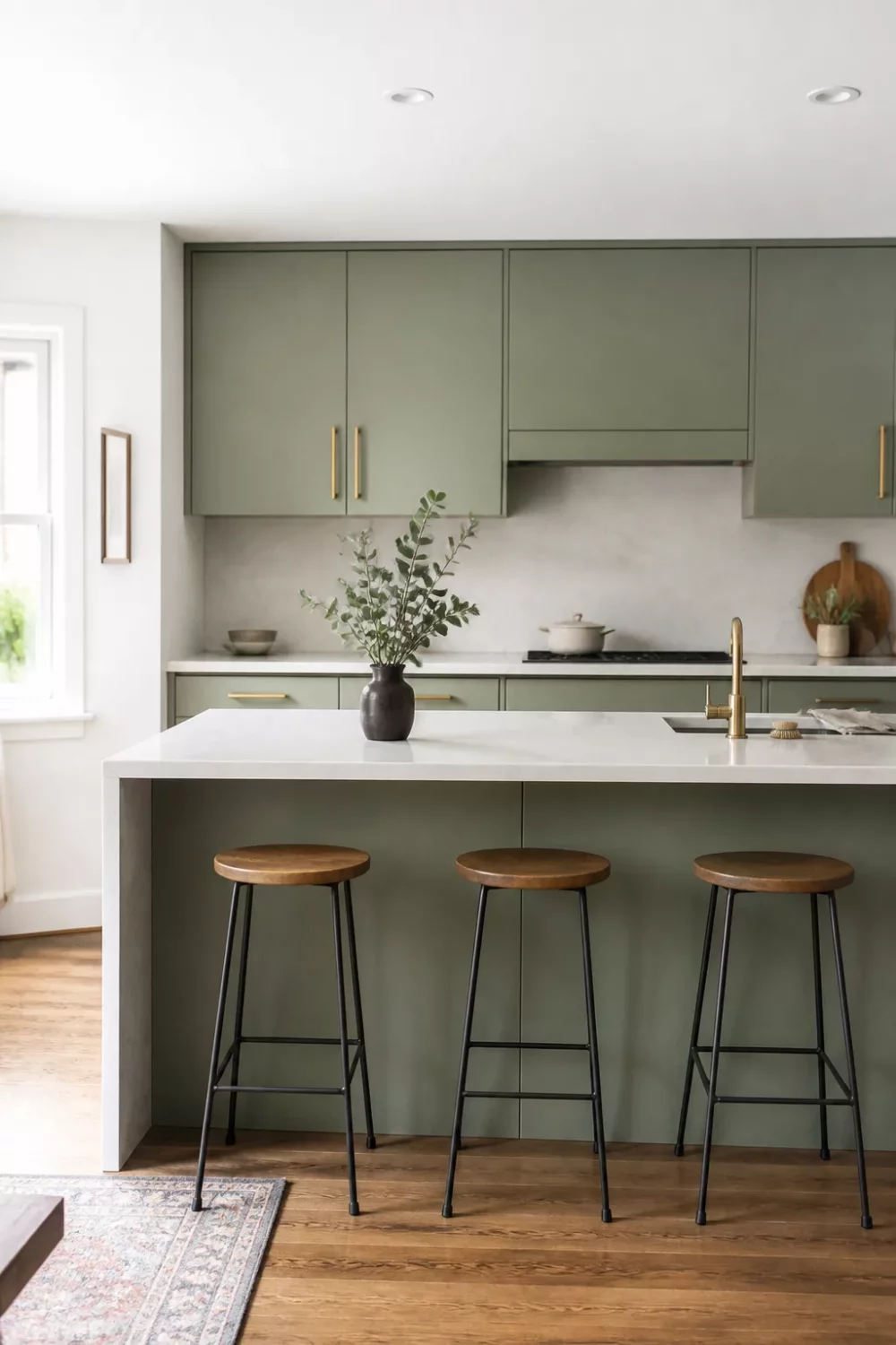 Sage green kitchen cabinets with gold hardware — flat-front doors, brushed gold bar pulls, white quartz island