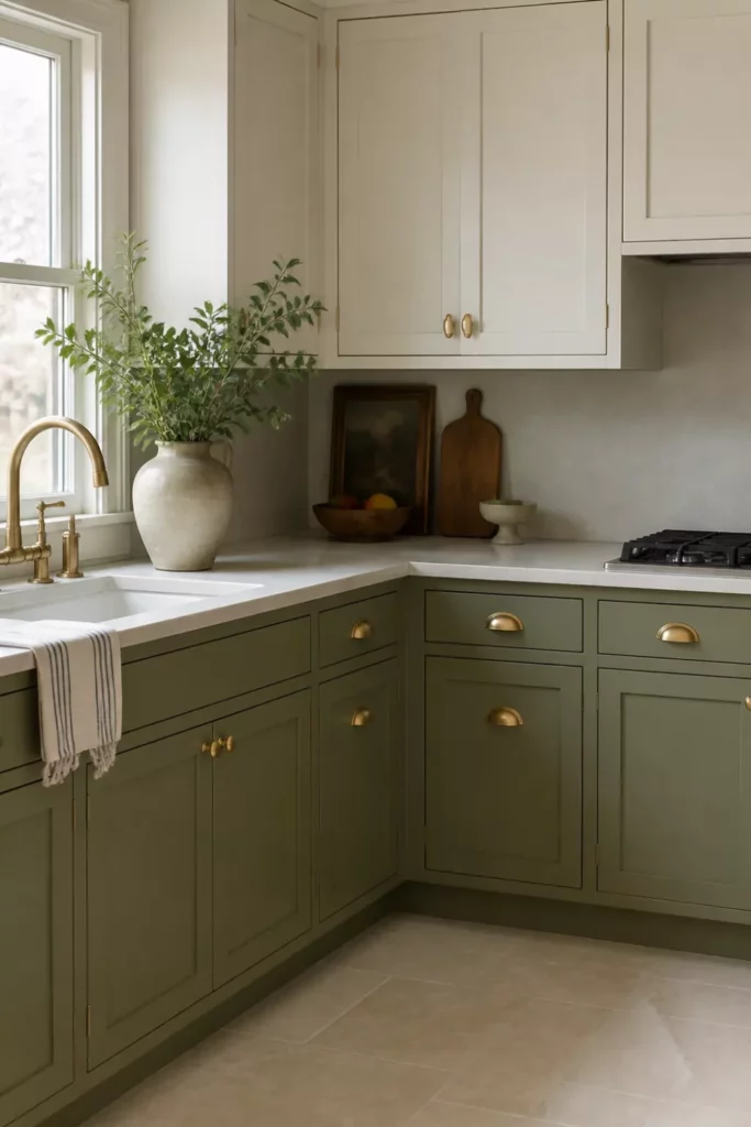 Sage green kitchen cabinets with gold hardware, creamy white uppers, brass cup pulls, and farmhouse sink
