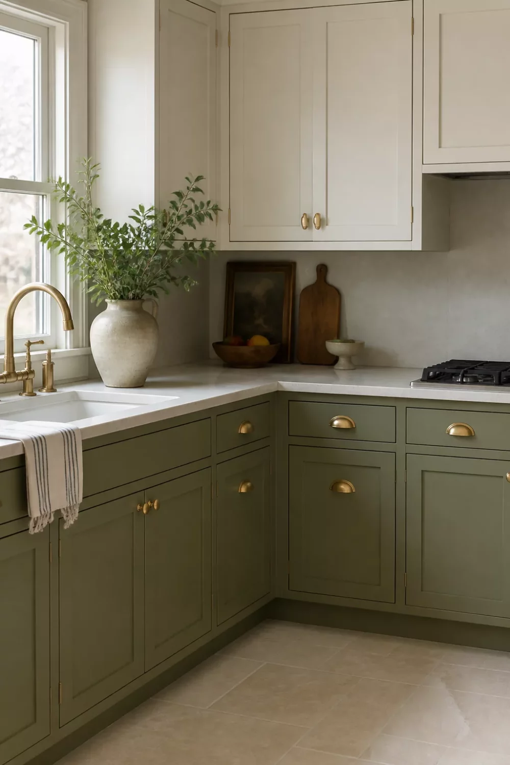 Sage green kitchen cabinets with gold hardware, creamy white uppers, brass cup pulls, and farmhouse sink