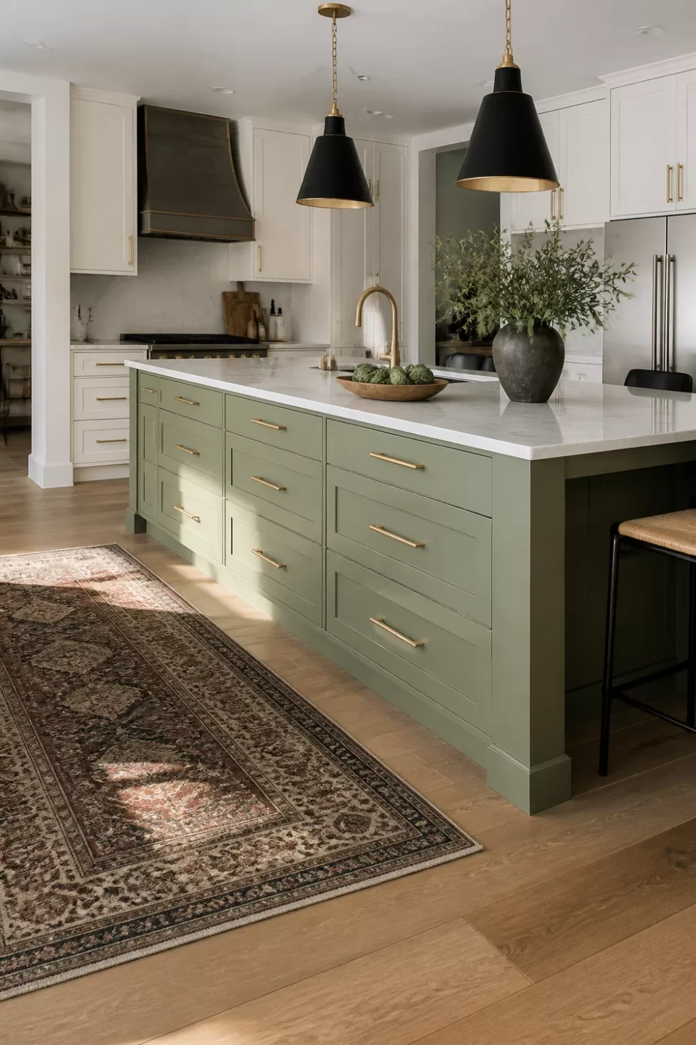 Sage green kitchen island with gold brass hardware, white perimeter cabinets, and matte black pendant lights