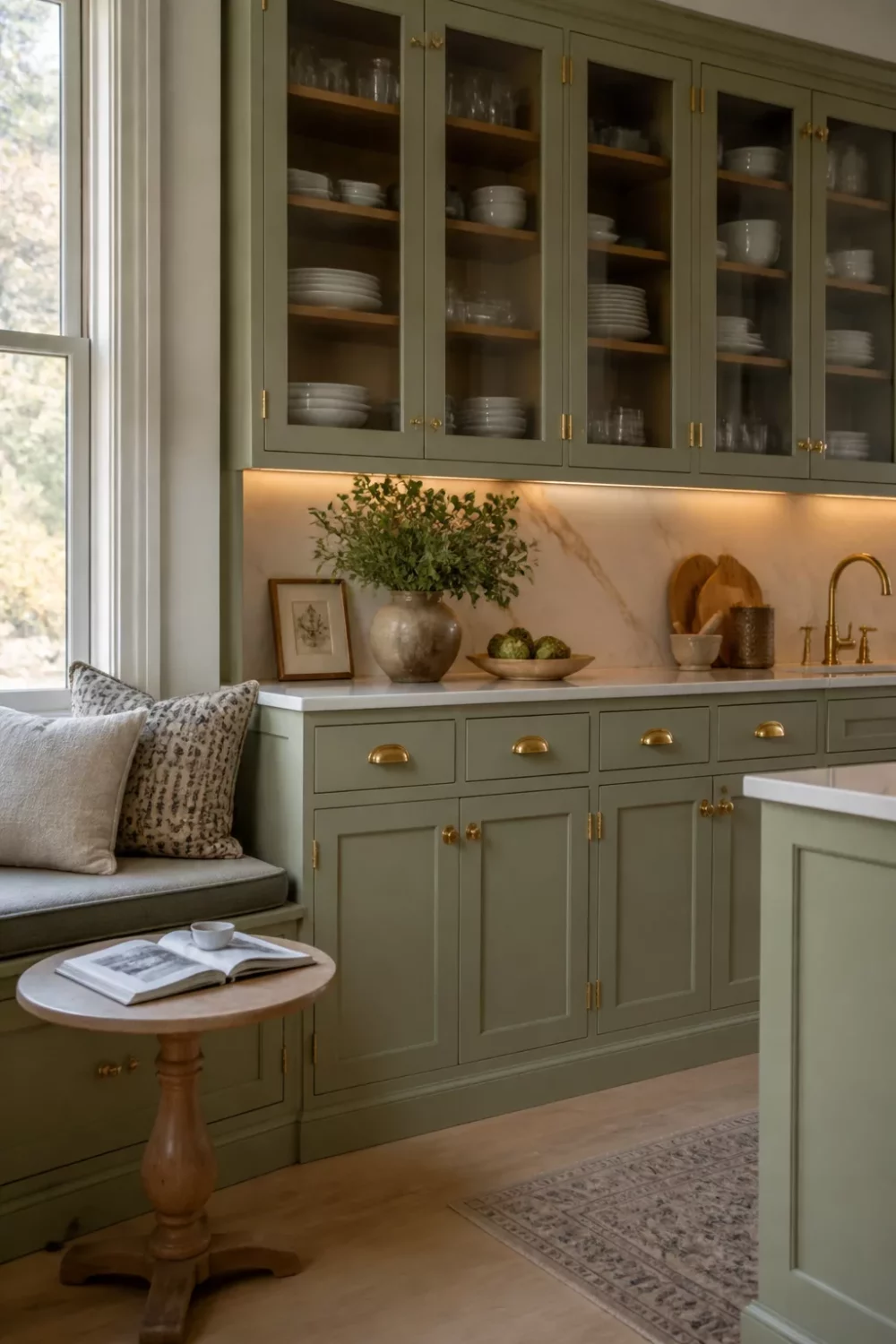 Sage green kitchen cabinets with gold hardware, glass-front uppers, polished gold hinges, marble backsplash, and built-in window bench.