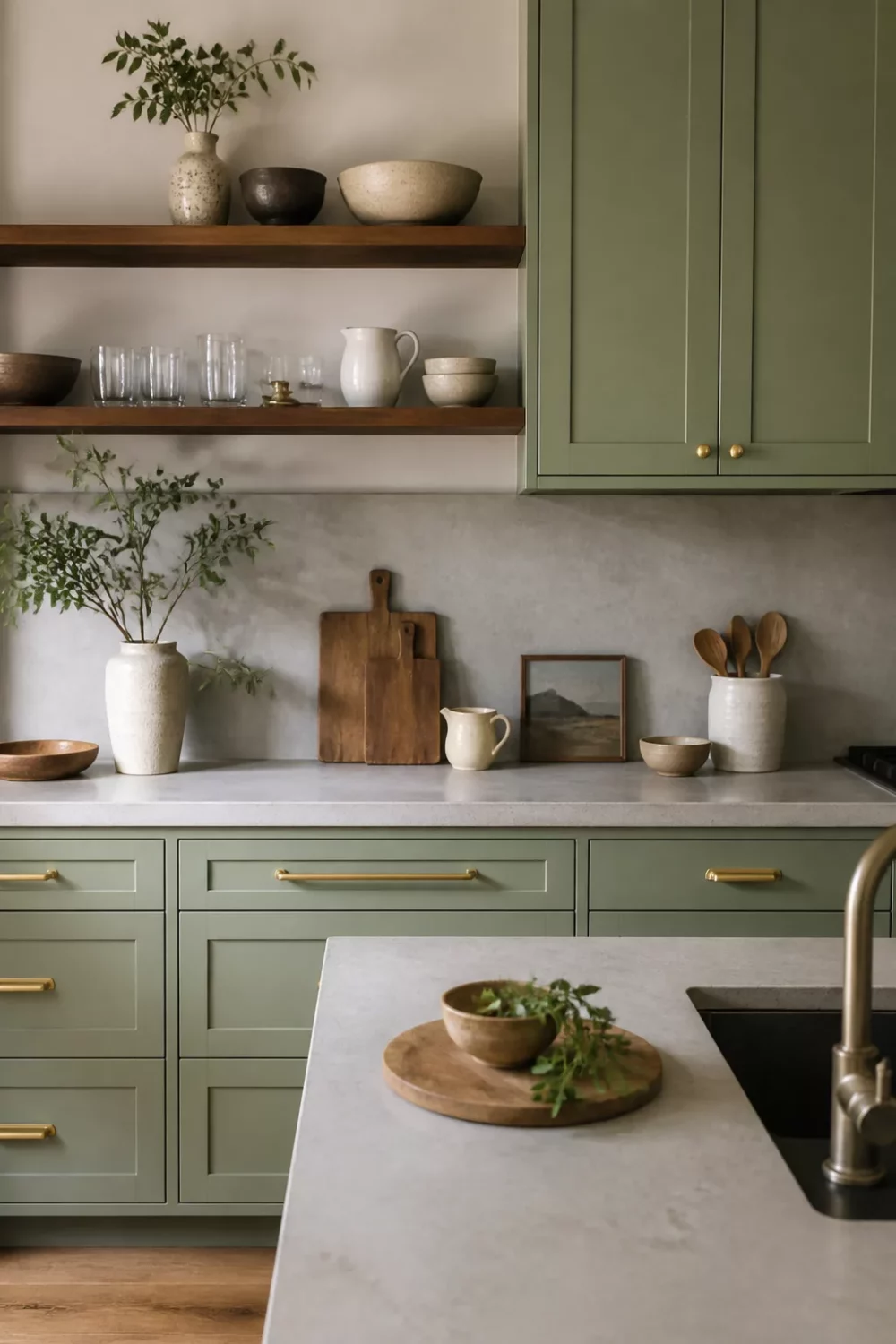Sage green kitchen cabinets with gold hardware, walnut open shelves, marble countertops, and brass bar pulls