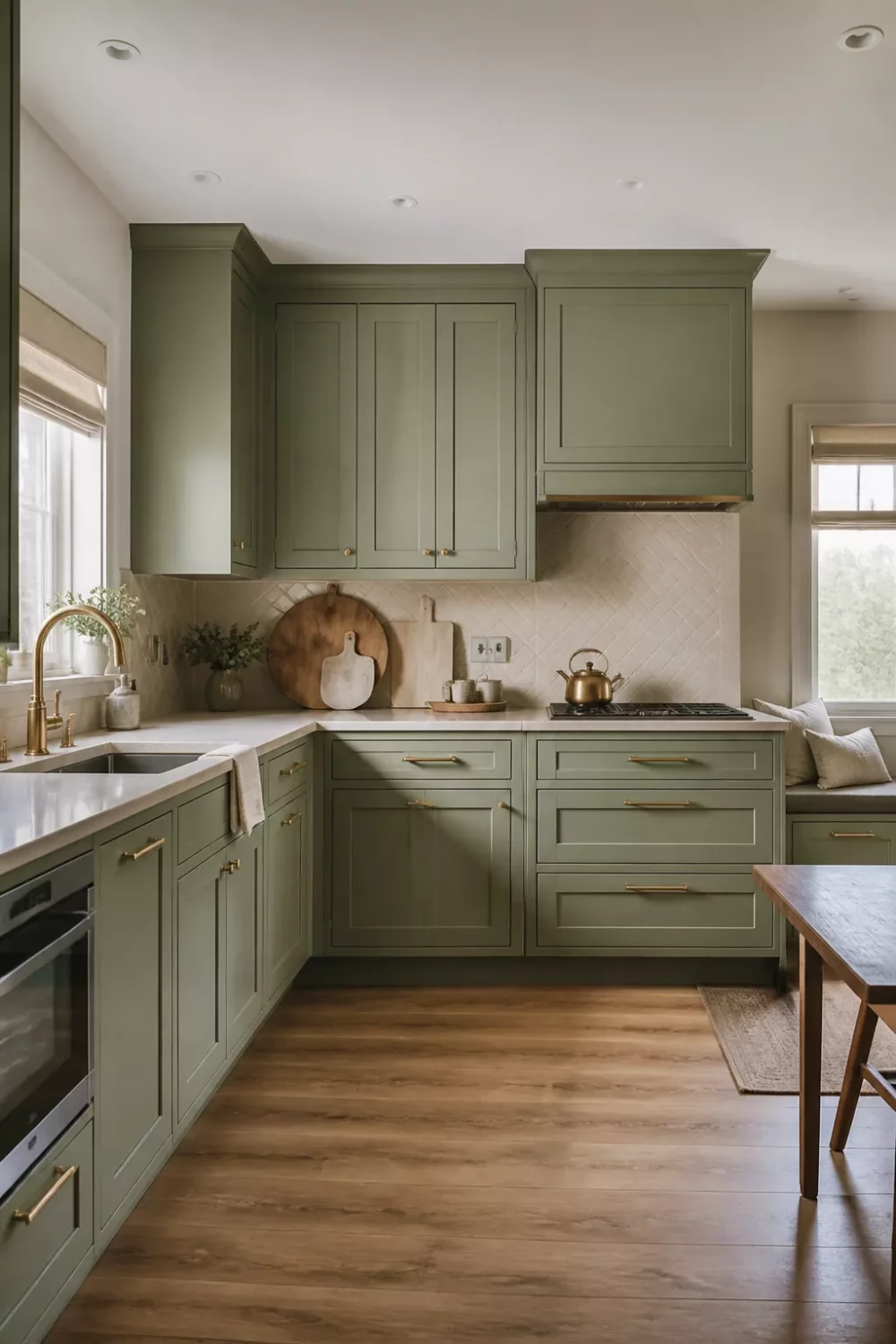 Sage green kitchen cabinets with gold hardware, herringbone cream backsplash, brass faucet, and warm wood floors