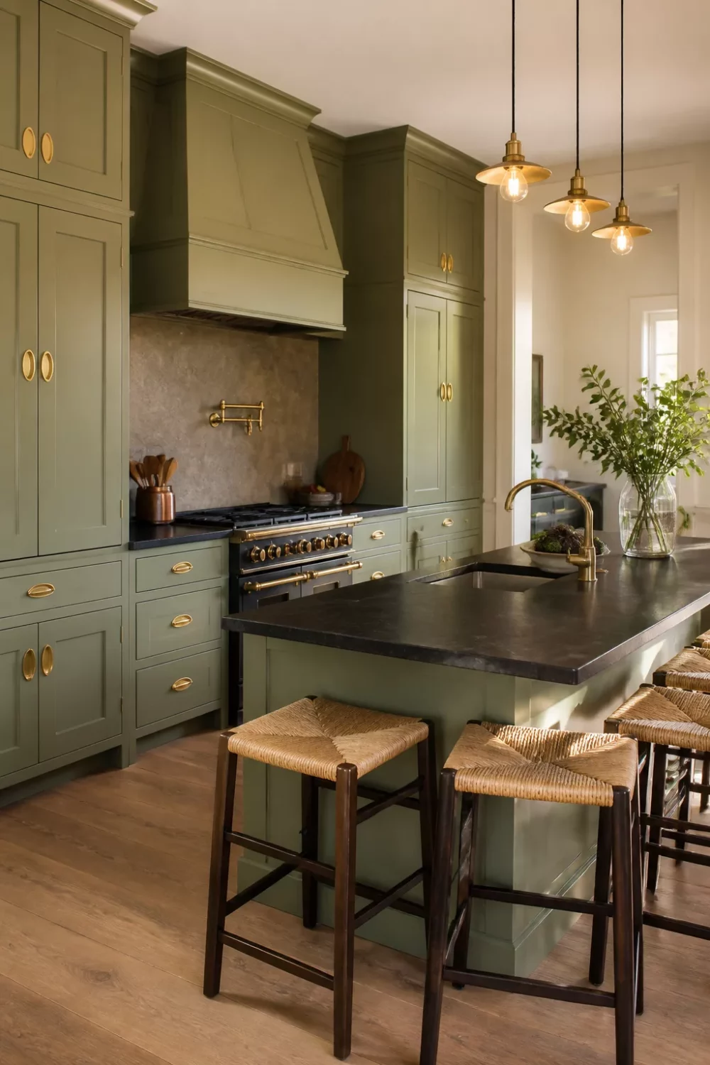 Sage green kitchen cabinets with gold hardware, black honed countertops, and rush seat island stools