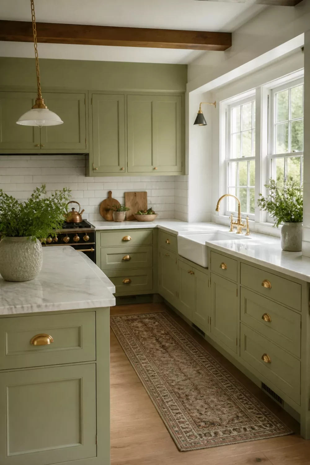 Sage green kitchen with brass handles, white marble countertops, shaker cabinets, and exposed wooden ceiling beams.