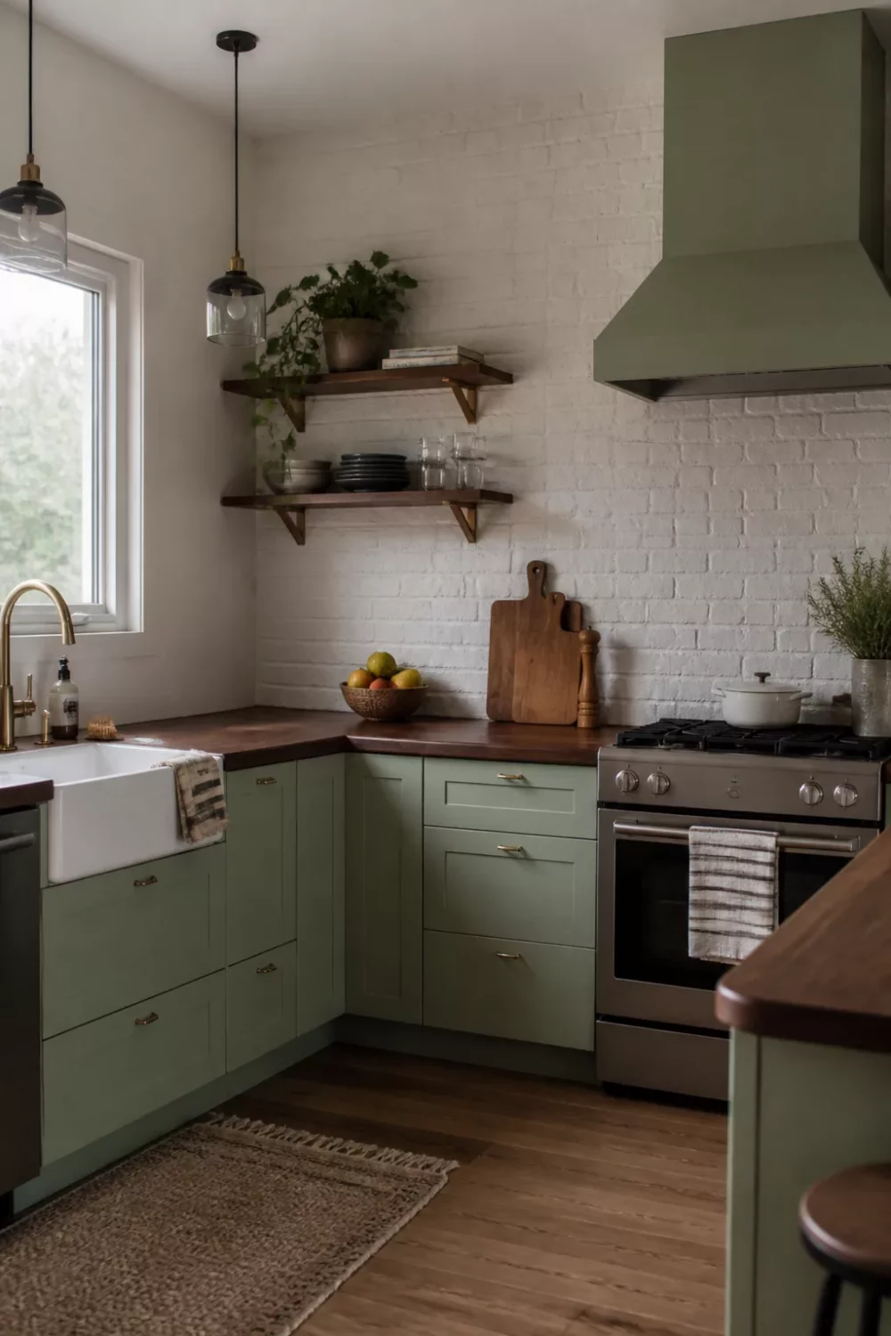 Sage green kitchen with brass handles, walnut butcher block counters, whitewashed brick backsplash and matching range hood