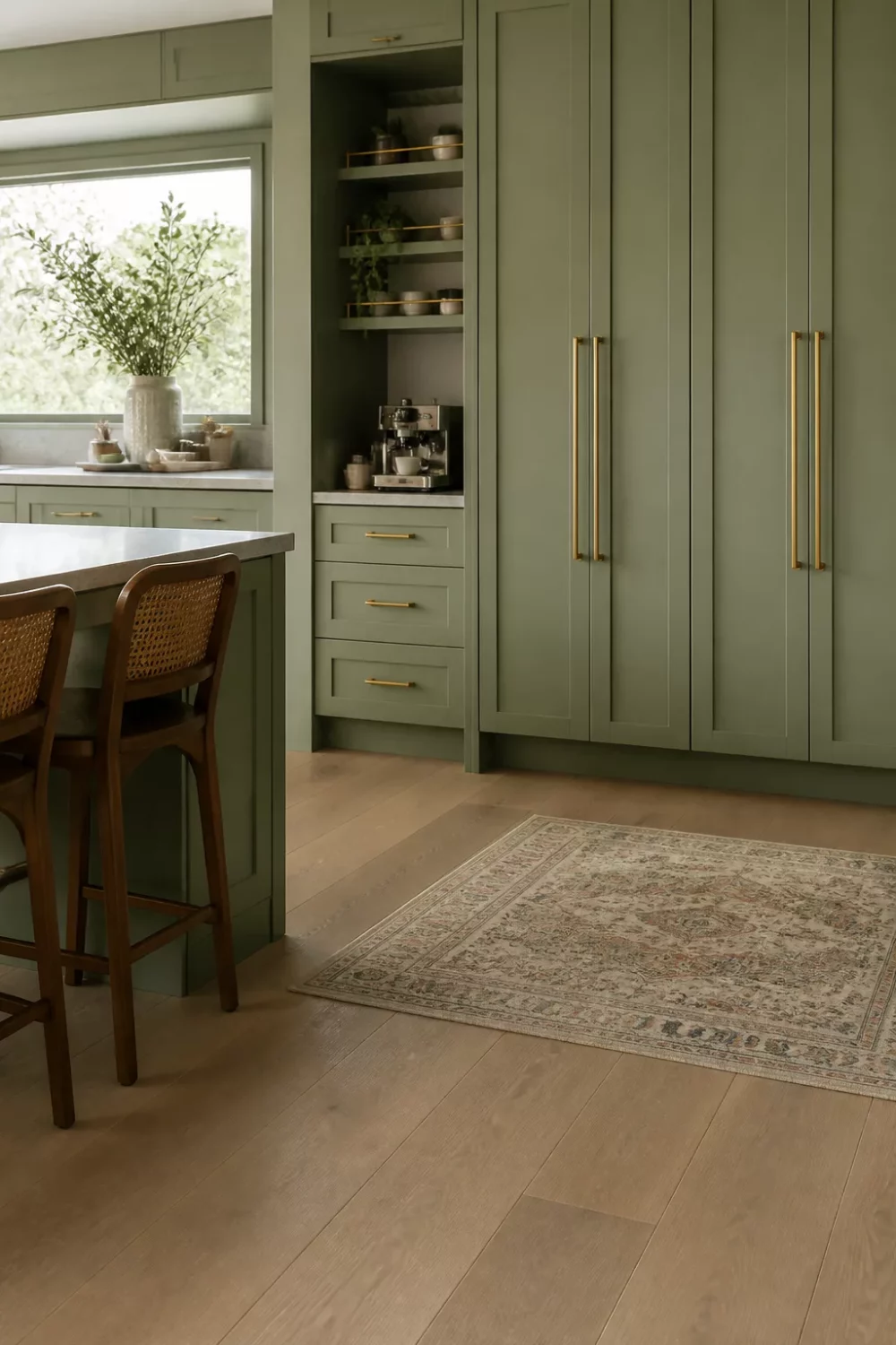 Sage green kitchen with brass handles featuring full-height pantry cabinets and a built-in coffee station nook