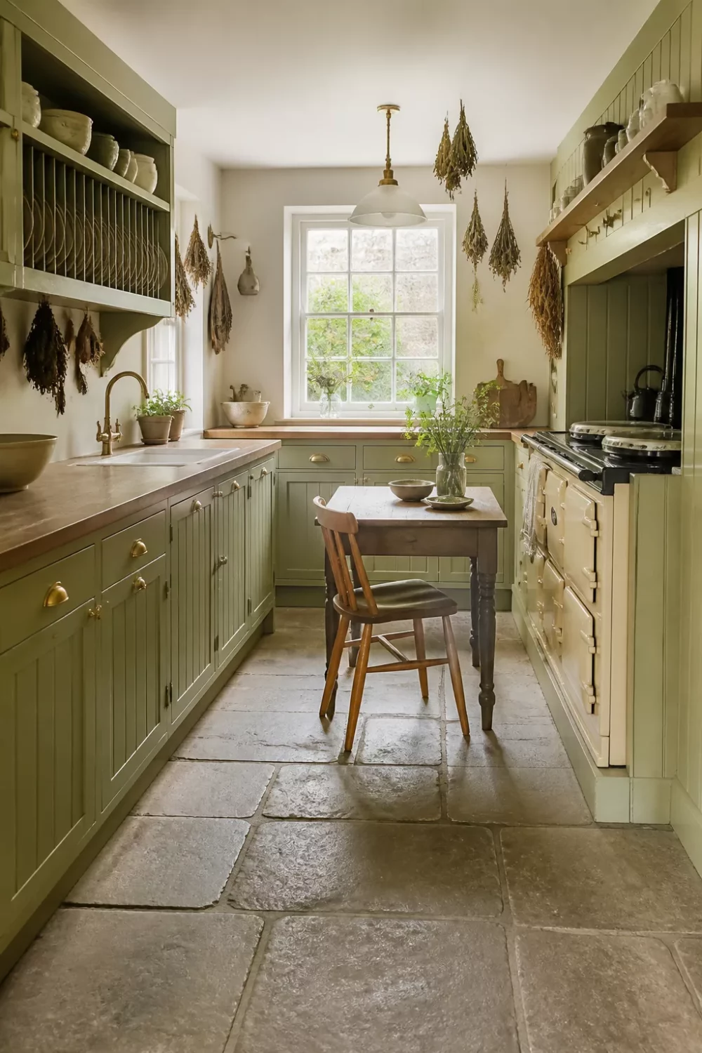 Sage green kitchen with brass handles, open plate rack, dried herbs, wood countertops, and flagstone floor in a cottage galley layout