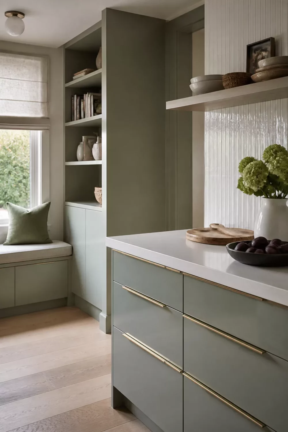 Sage green kitchen island with brass finger pull channel handles, white quartz countertop, and built-in window seat shelving