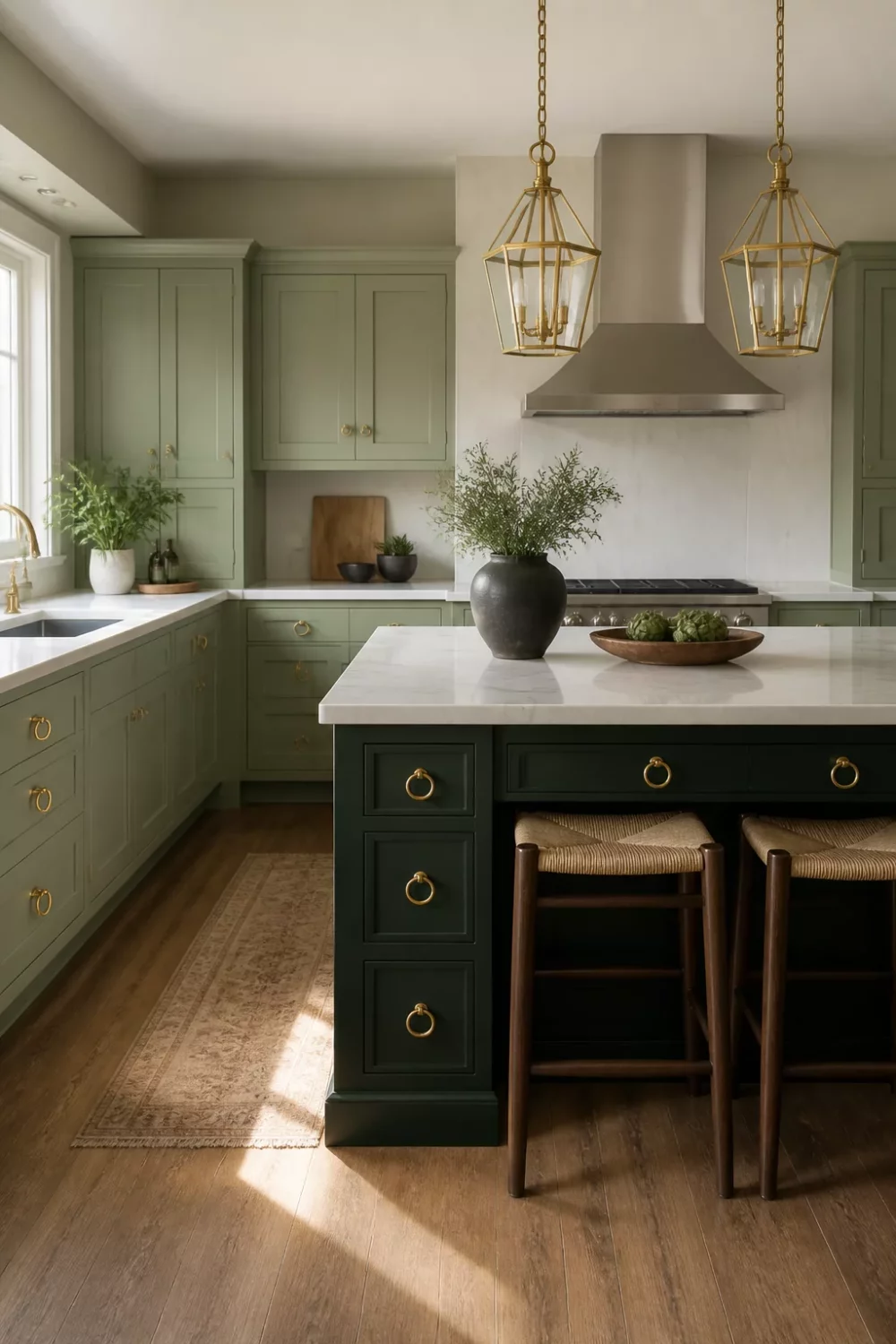 Sage green kitchen with brass handles featuring a deep forest green island, white quartz countertop, and gold lantern pendants