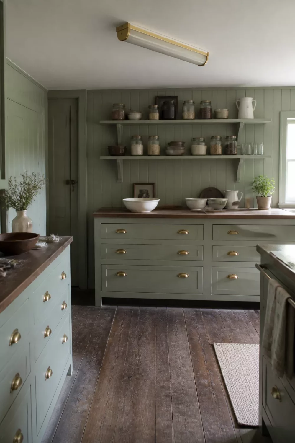 Sage green kitchen with brass handles, beadboard walls, open shelving, glass jars, and wide dark plank floors