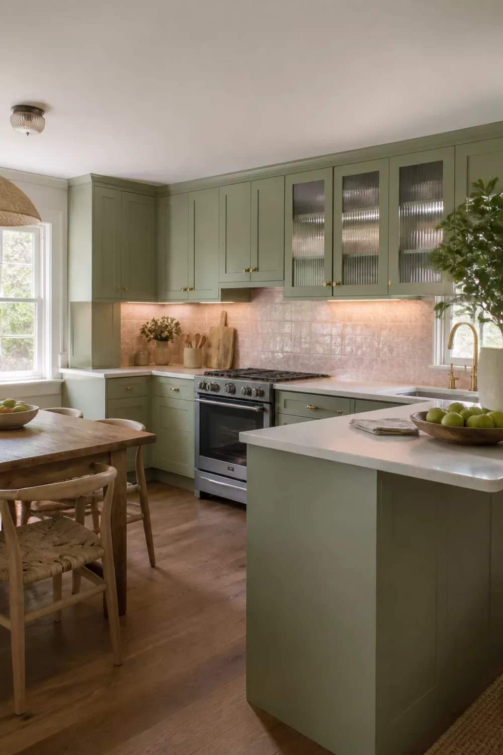 Sage green kitchen with brass handles, fluted glass cabinet inserts, zellige backsplash, and white quartz countertops