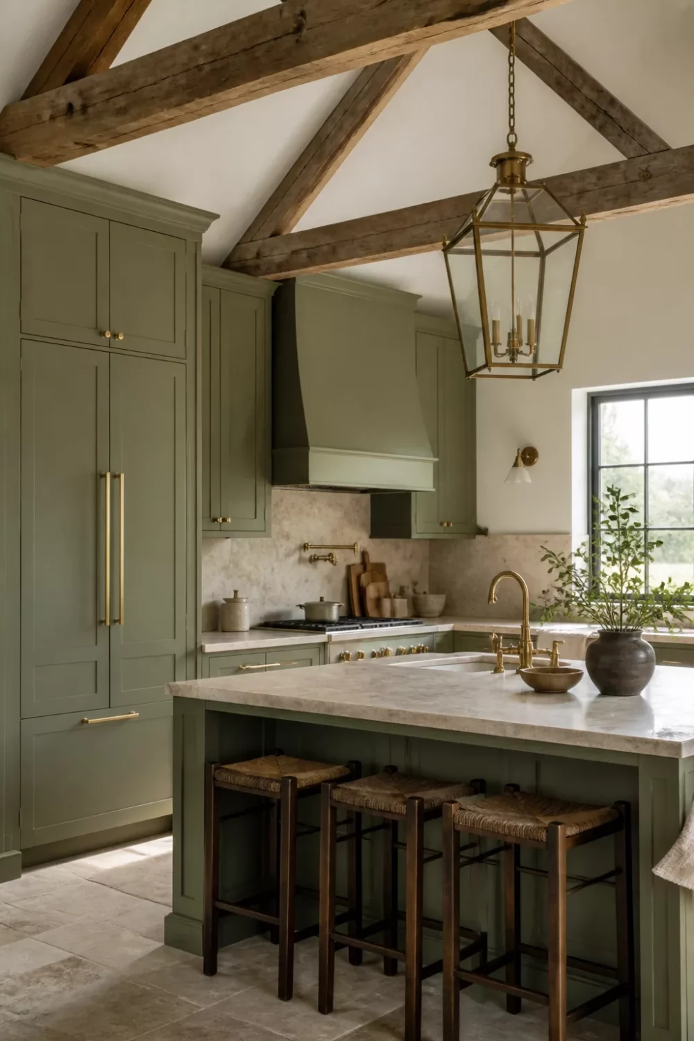 Sage green kitchen with brass handles, vaulted ceiling, wood trusses, travertine backsplash and lantern pendant