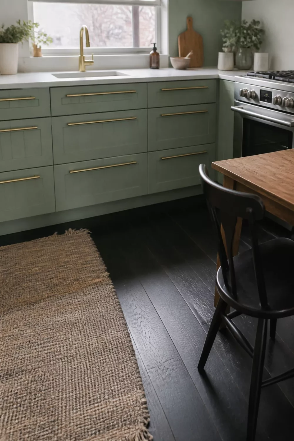 Sage green kitchen with brass handles, dark wood floors and jute rug in a compact L-shape layout