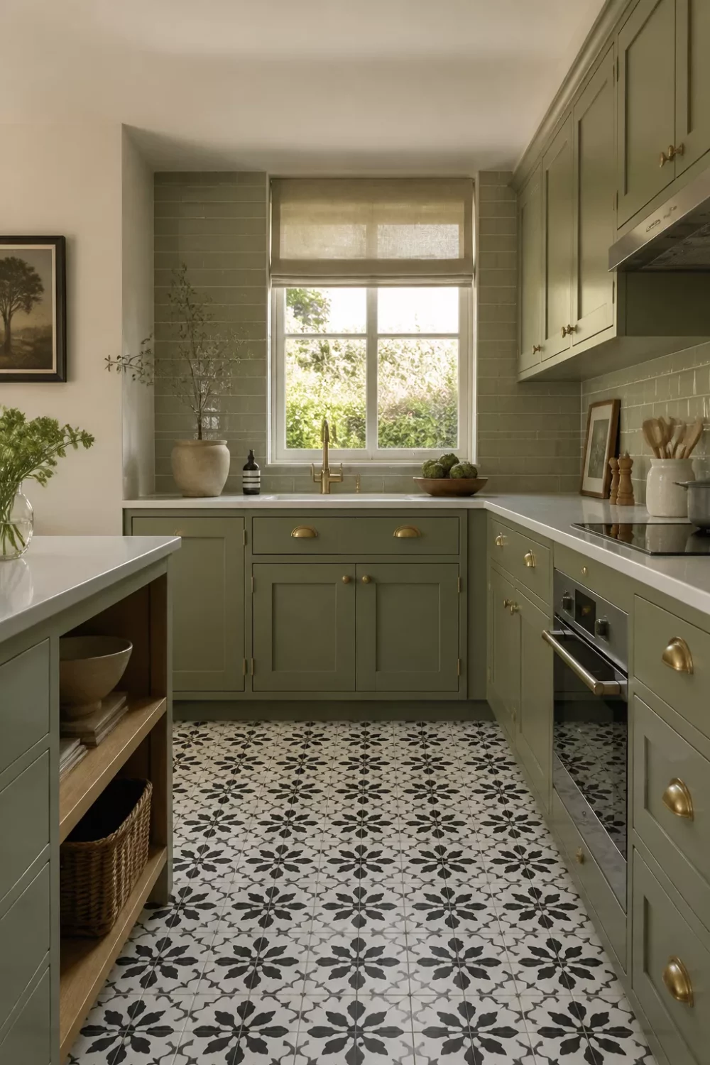 Sage green kitchen with brass handles, L-shaped layout, and bold black and white patterned floor tiles