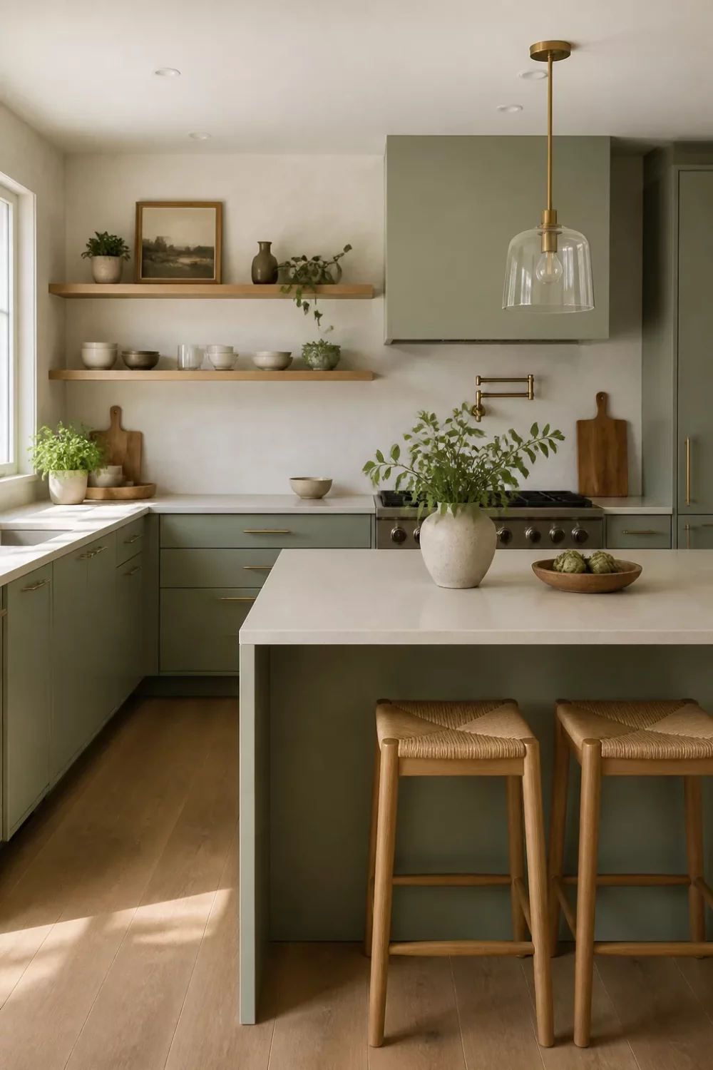 Sage green kitchen with brass handles, flat-front cabinets, open oak shelving, and a brass pendant light