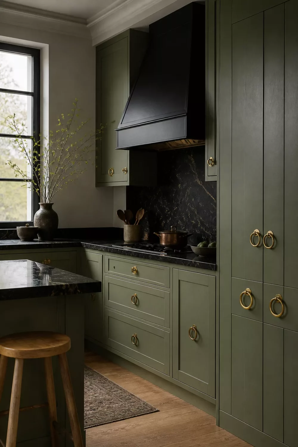 Sage green kitchen with brass ring pull handles, black granite countertops, and a matte black range hood