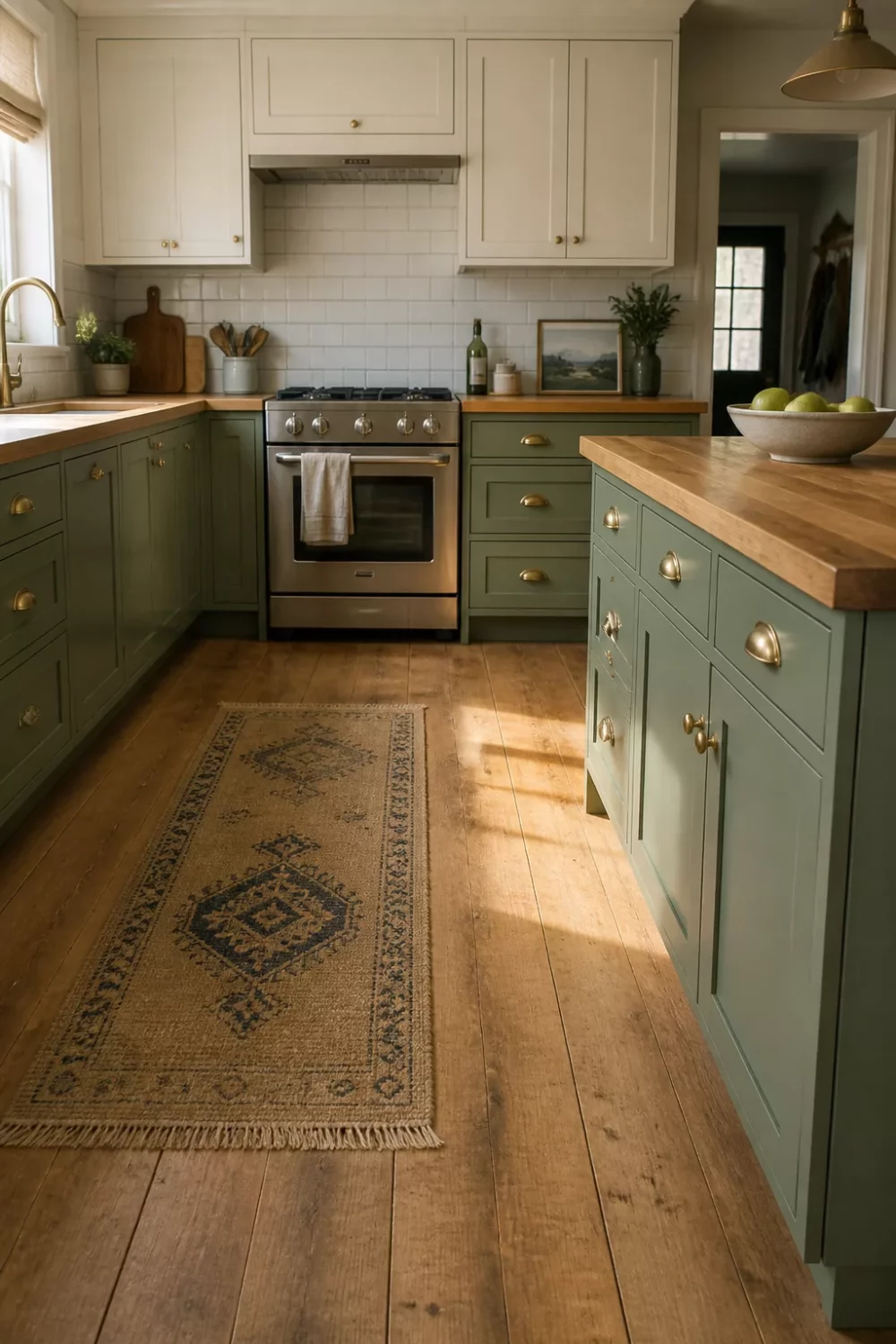 Sage green kitchen with brass handles, white upper cabinets, butcher block countertops, and hardwood floors