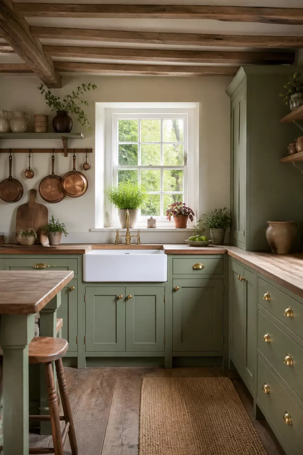 Sage green kitchen with brass handles, Belfast sink, butcher block counters and exposed wood ceiling beams