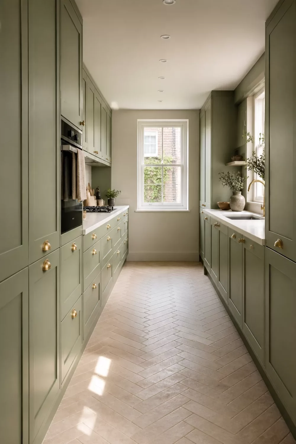 Sage green galley kitchen with brass handles, herringbone tile floor, and shaker cabinets on both sides