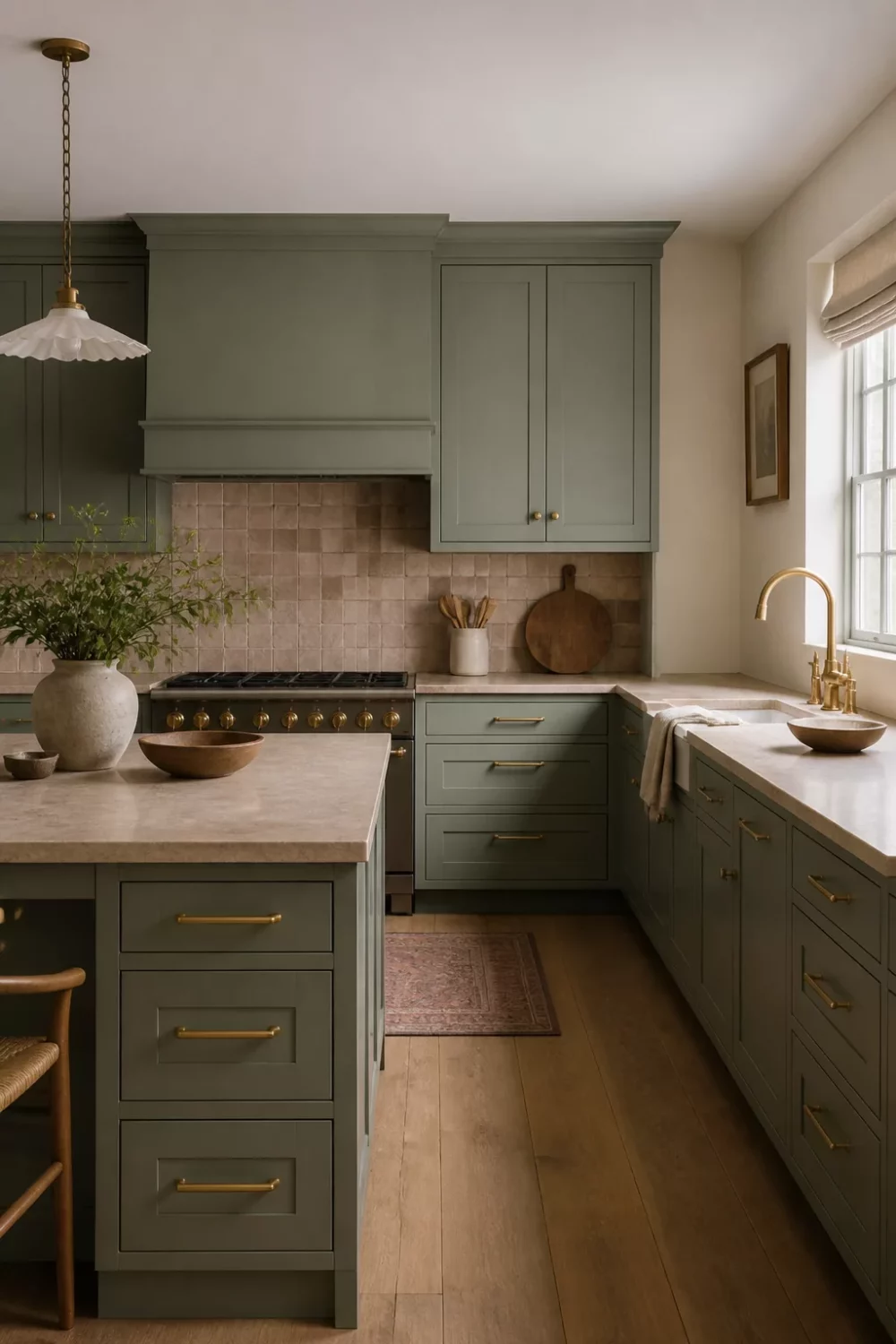 Sage green kitchen with brass handles, terracotta zellige tile backsplash, stone countertops and a brass bridge faucet