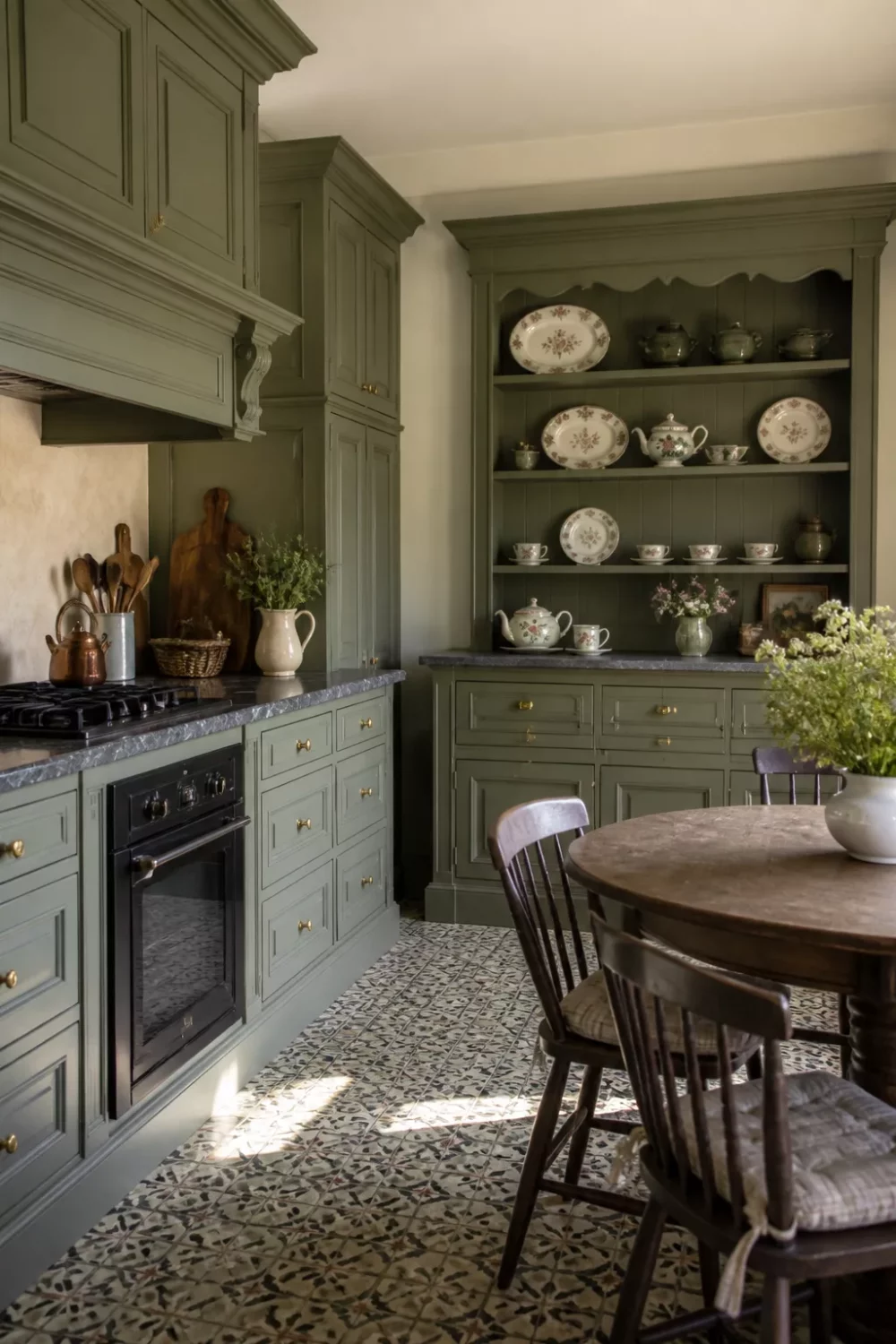 Sage green kitchen with brass handles, built-in china dresser, encaustic floor tiles and black range oven