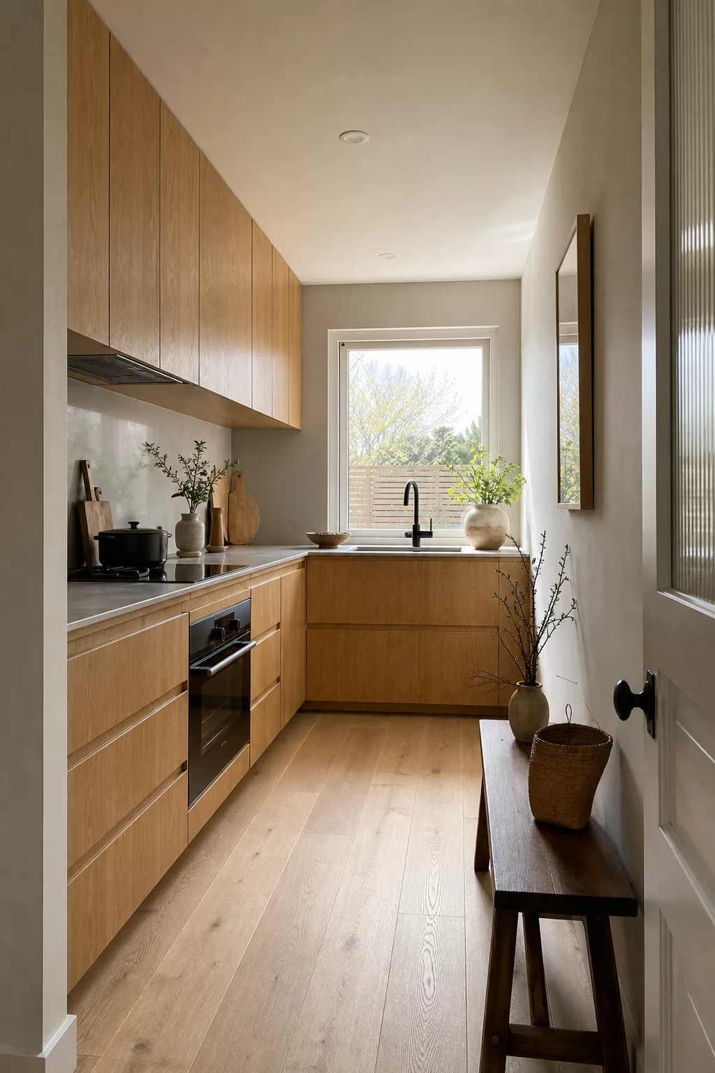 Small Japandi kitchen ideas shown through warm oak slab cabinetry and black hardware