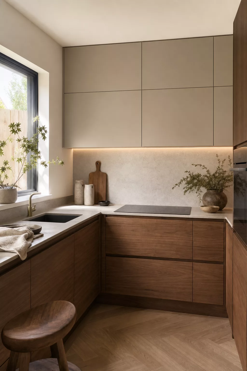Small Japandi kitchen ideas: putty gray and walnut two-tone handleless cabinets
