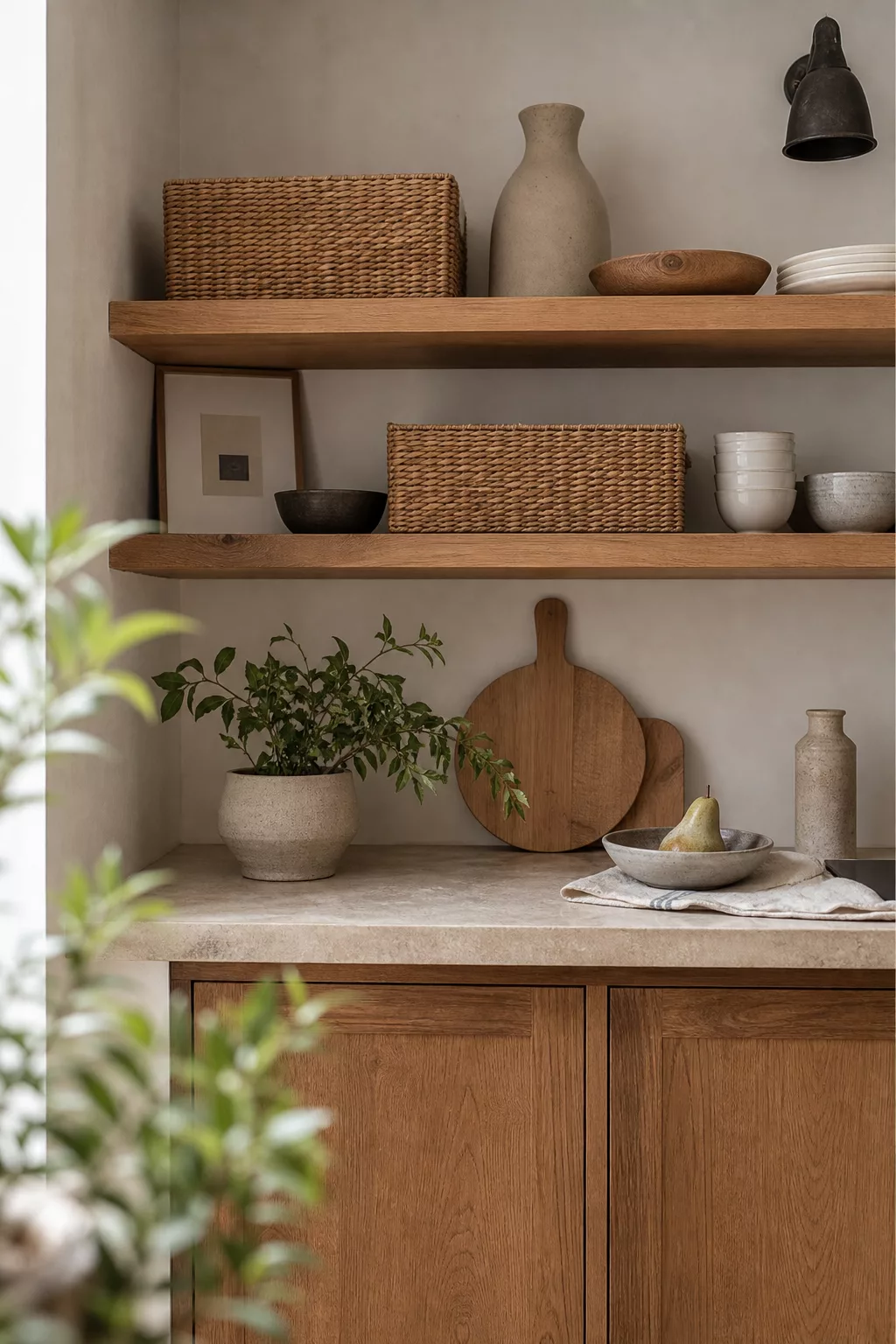 Woven rattan storage baskets on wood shelving, a Small Japandi Kitchen Ideas detail