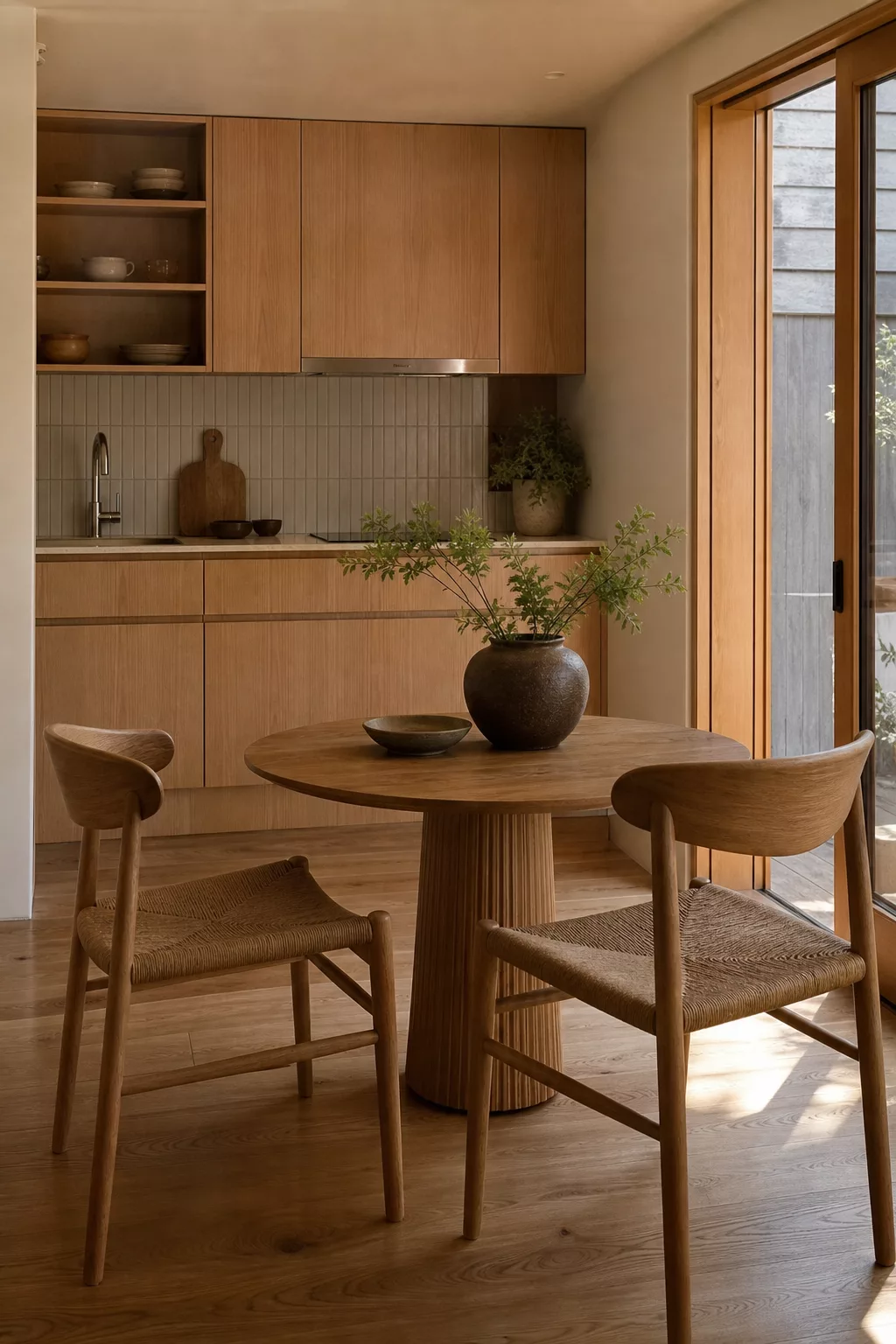 Round oak table and woven chairs, small Japandi kitchen ideas dining corner