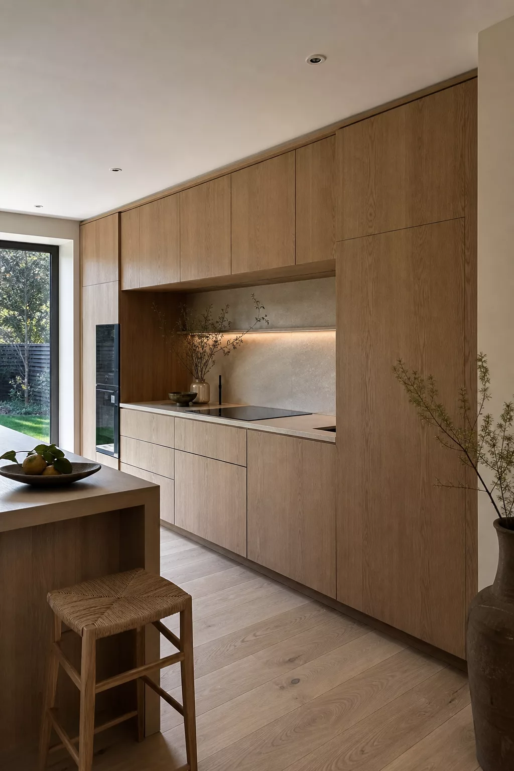 Small Japandi kitchen ideas with flush wood paneling concealing appliances along one wall