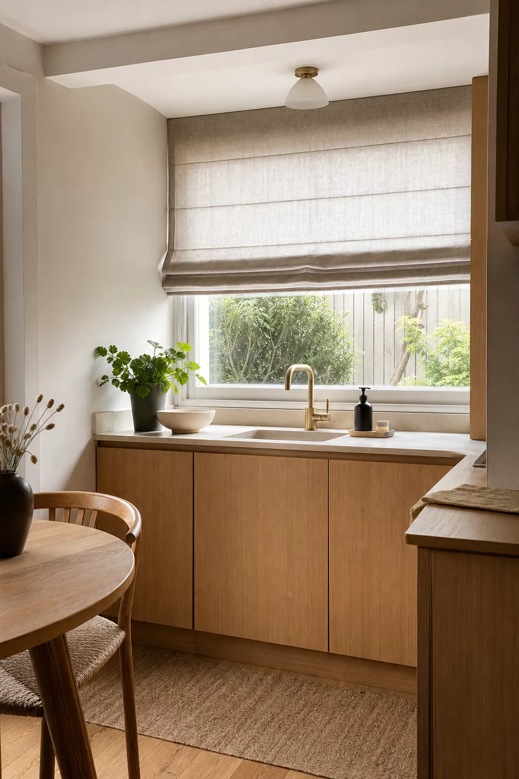 Linen roman shade over sink window in a small Japandi kitchen ideas setting