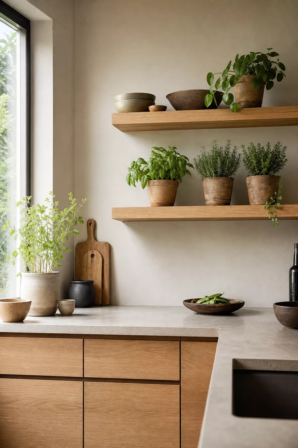 Small Japandi kitchen ideas with floating wood shelves and terracotta herb pots