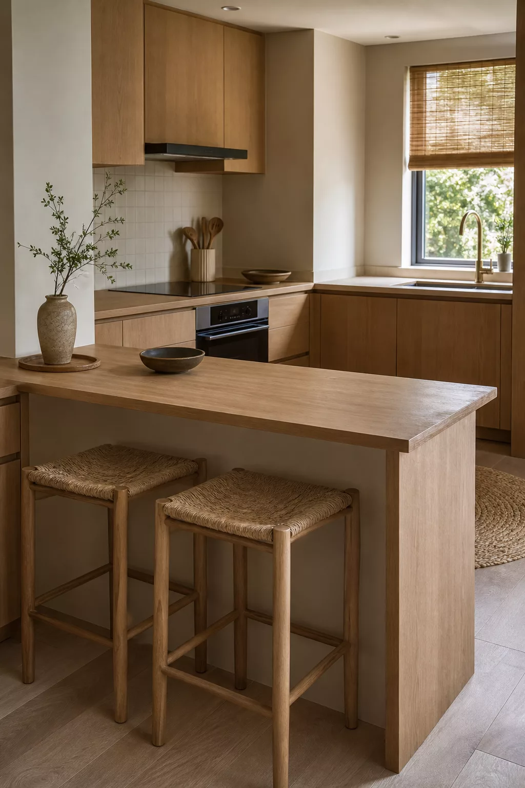 Small Japandi kitchen ideas with compact oak peninsula and woven bar stools