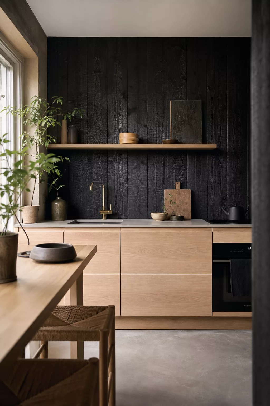 Small Japandi kitchen ideas with a charred wood accent wall and light oak cabinets