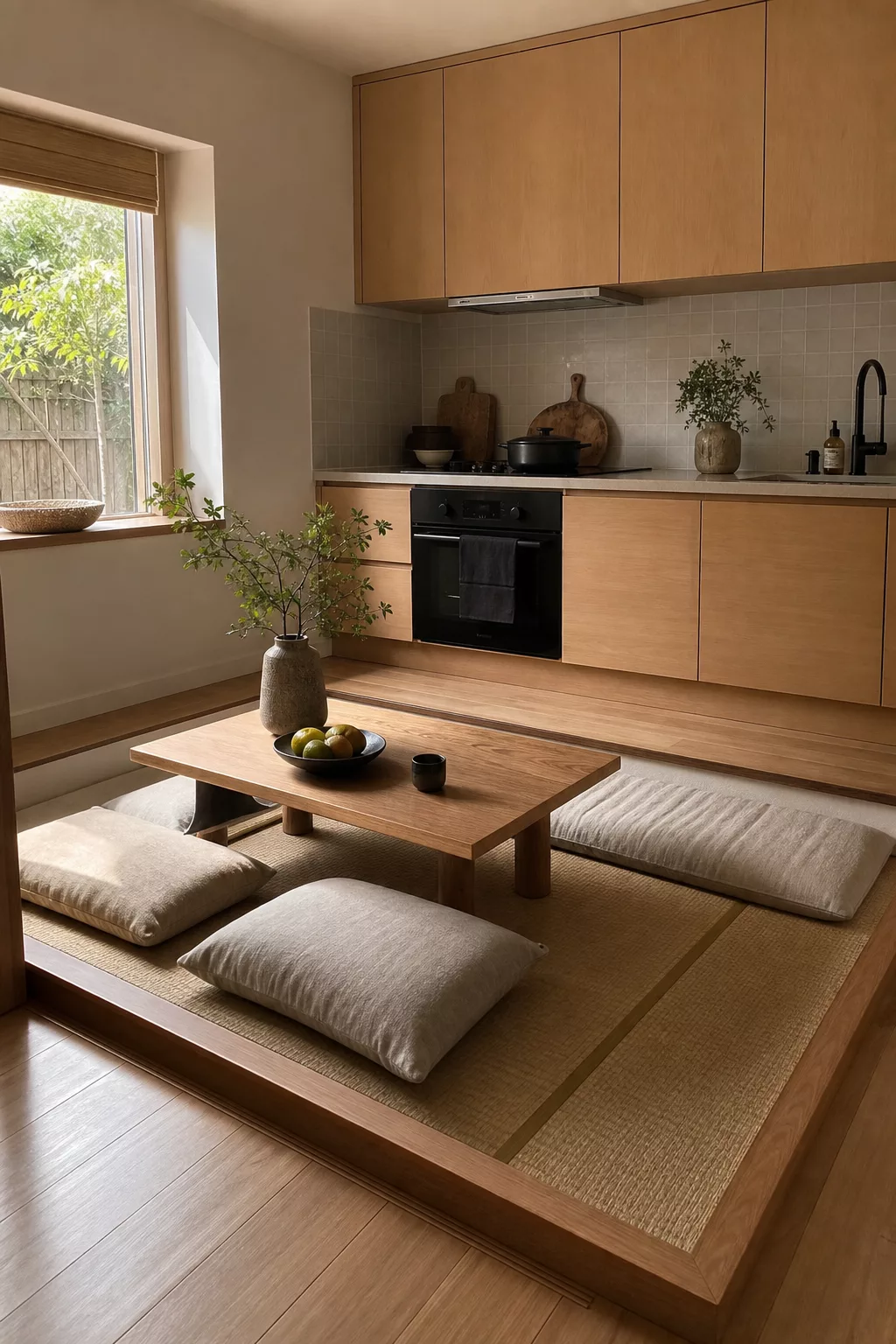 Sunken breakfast nook with tatami platform, small Japandi kitchen ideas