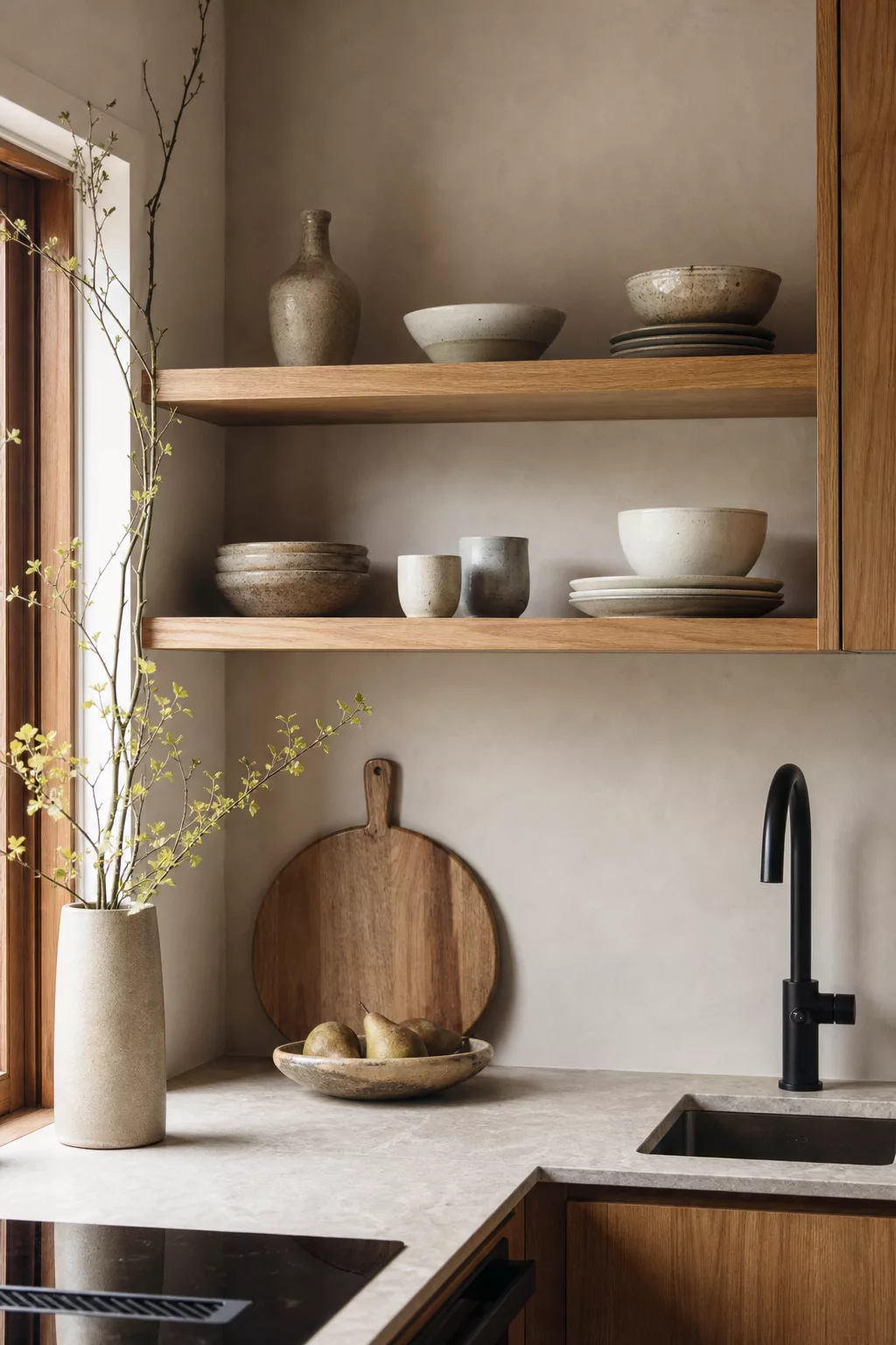 Open oak shelves with handmade ceramics, a small Japandi kitchen idea in muted neutrals