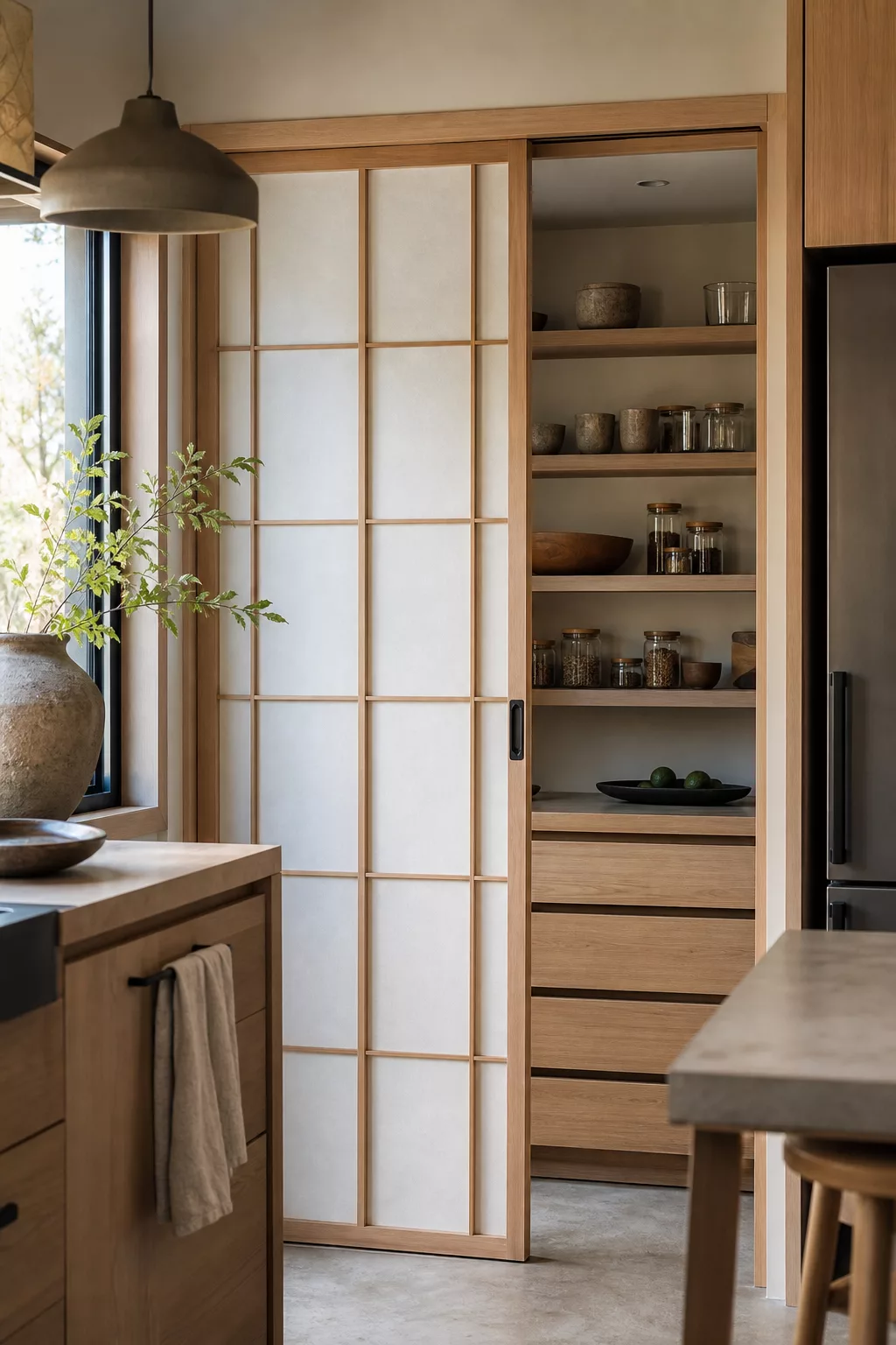 Shoji-style sliding pantry doors in a small Japandi kitchen with natural wood tones