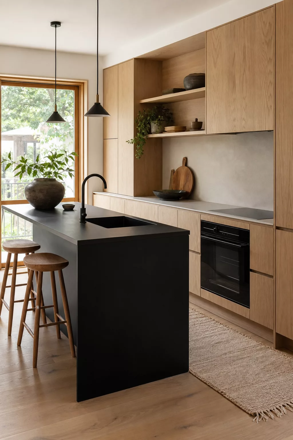 Small Japandi Kitchen Ideas with a matte black island and oak cabinetry
