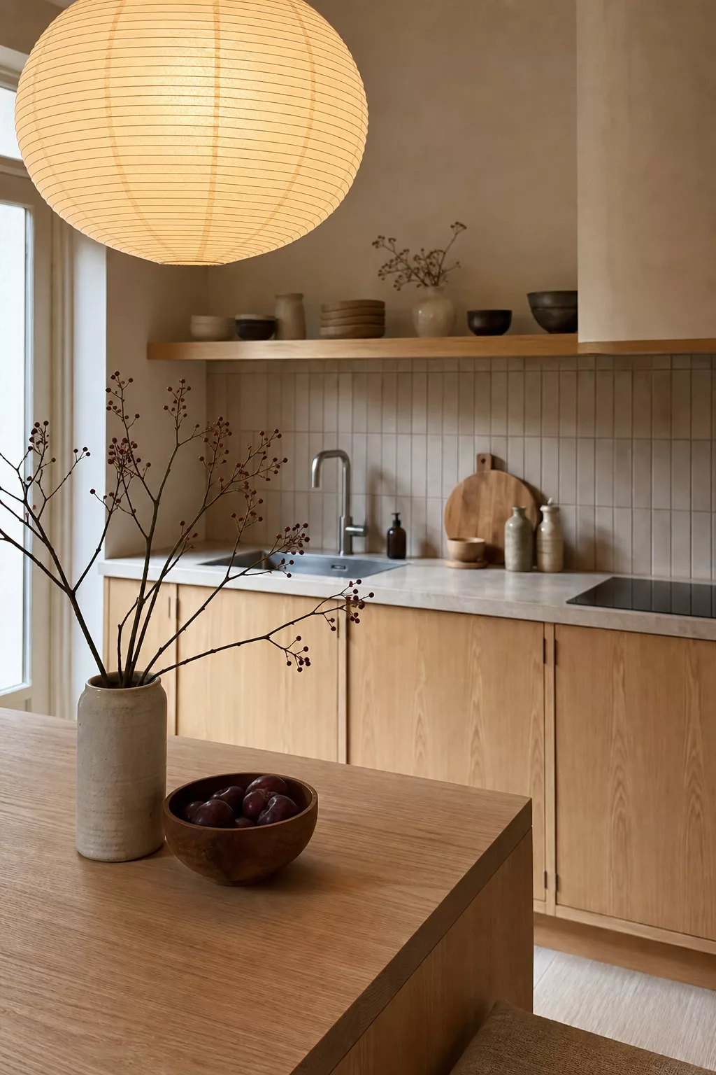 Paper lantern pendant light over table in small Japandi kitchen ideas