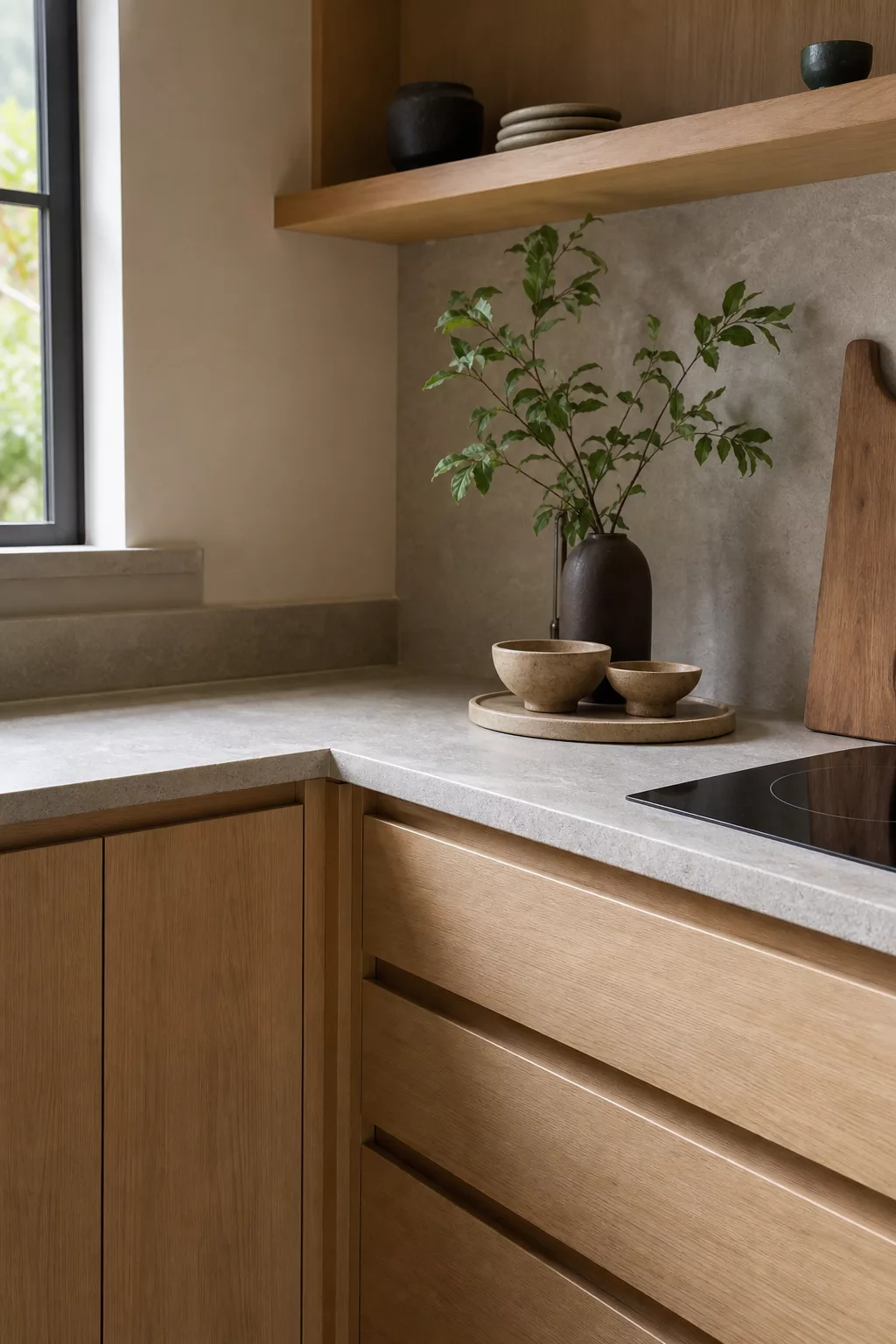 Honed stone countertop over oak drawers, a Small Japandi Kitchen Ideas detail