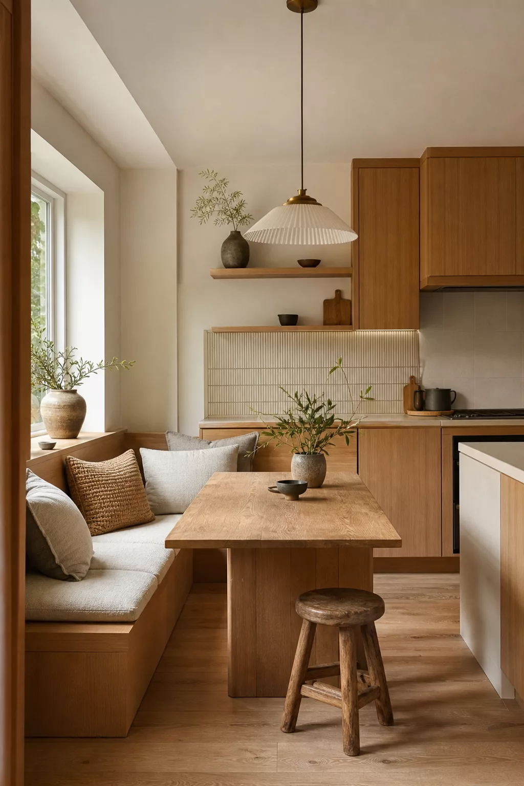 Built-in wood bench corner with linen cushions, a small Japandi kitchen idea