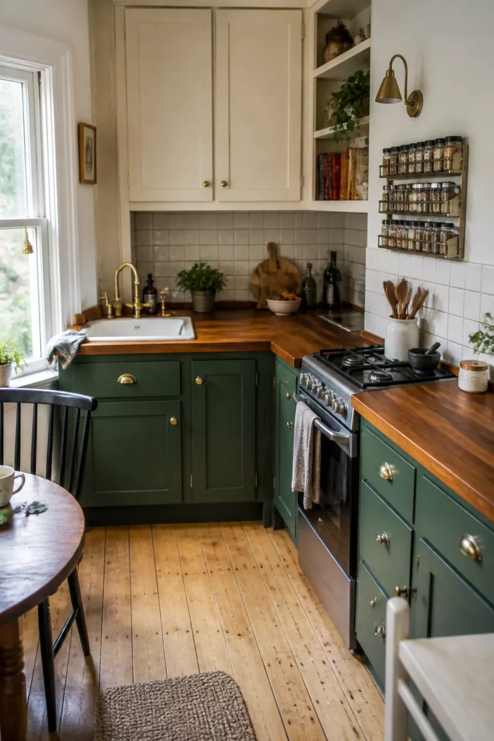 Small kitchen with wood countertops, dark green two-tone cabinets, brass hardware, and pine floors