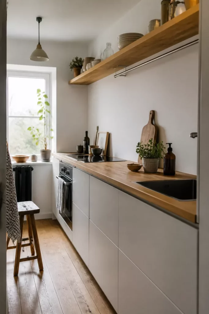 Small kitchen with wood countertops, flat-front white cabinets, ash plank counter, floating shelf, and pendant light in a galley layout.